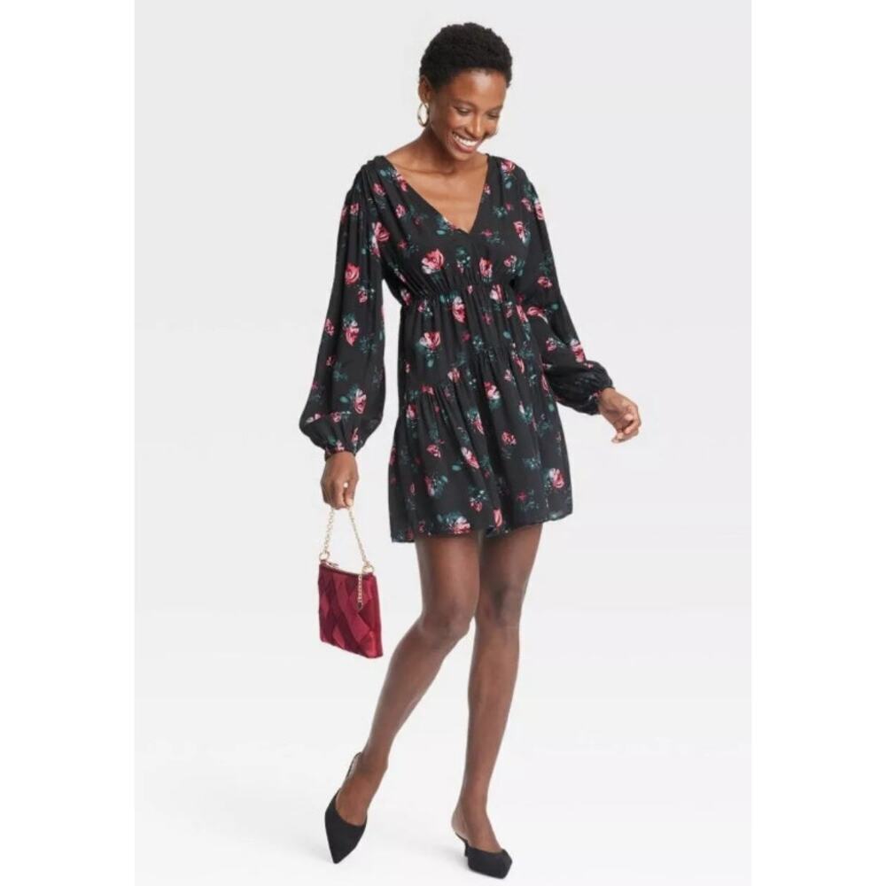 A New Day Women's Boho Dropped Waist Floral Mini A-Line Dress Size L Multicolor